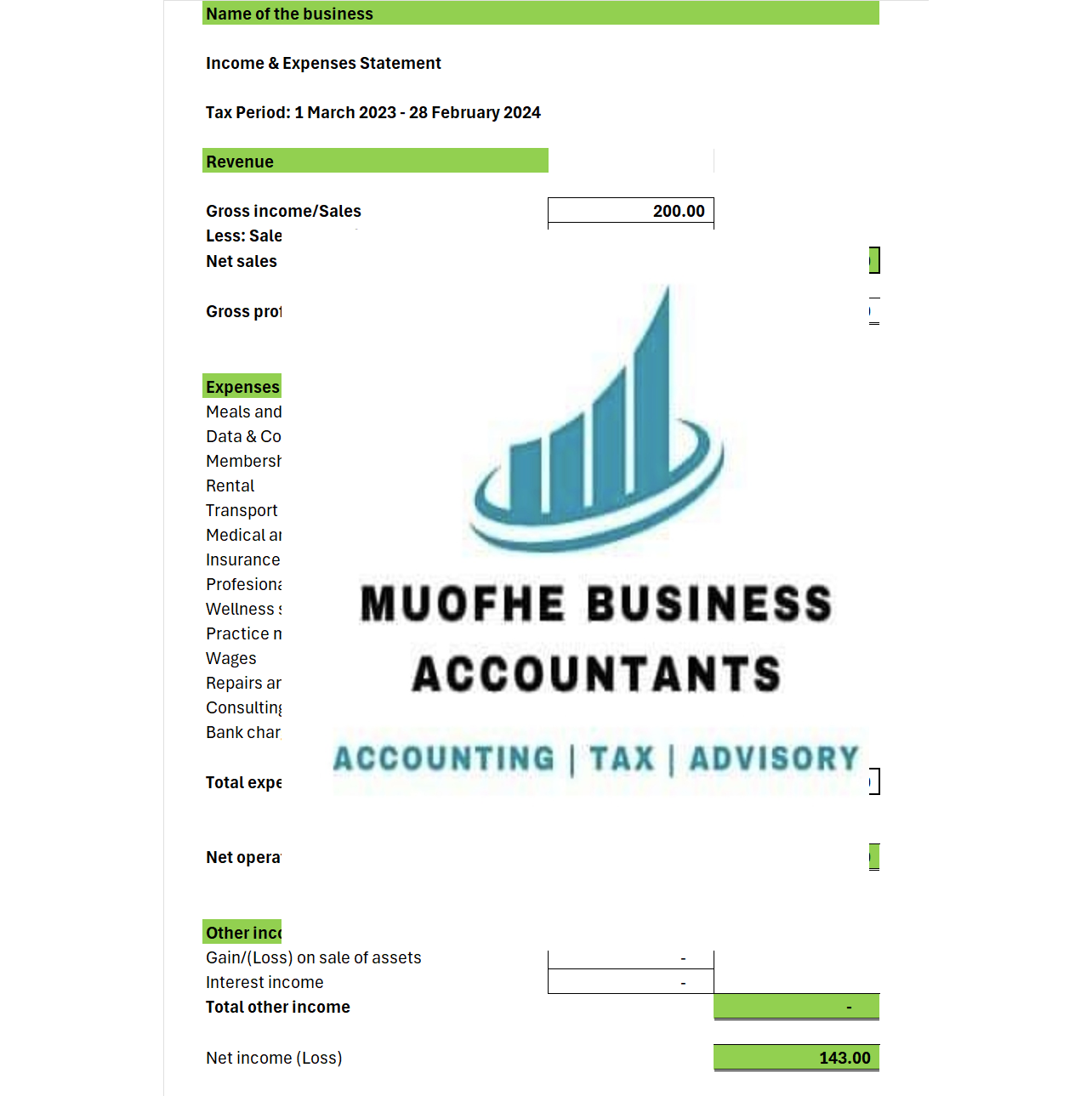 Income Statement (Profit and Loss) Template